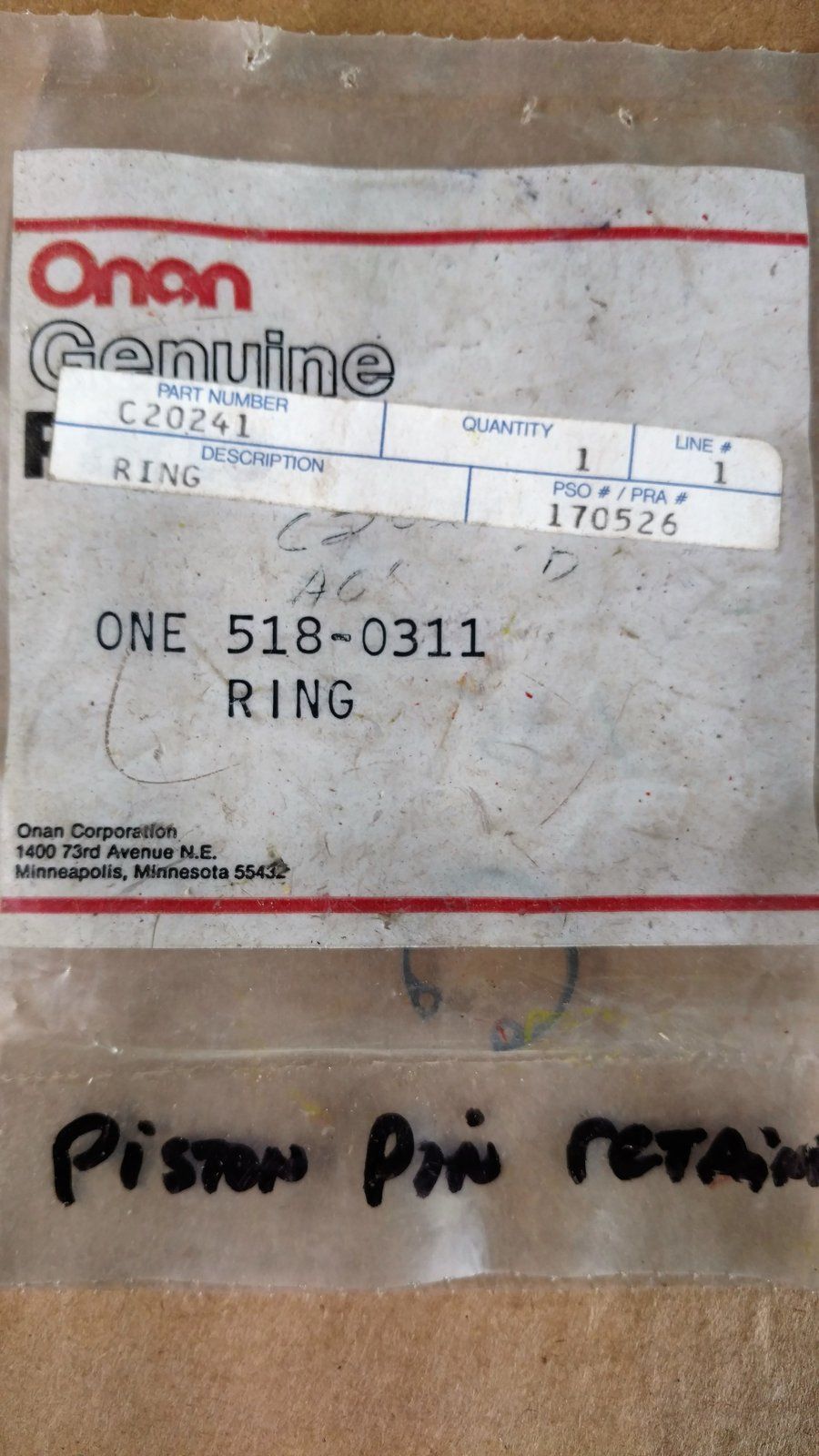 C20241 RING - PISTON PIN RETAINING ONAN 518-0311 - Ingersoll/Case Tractor Part