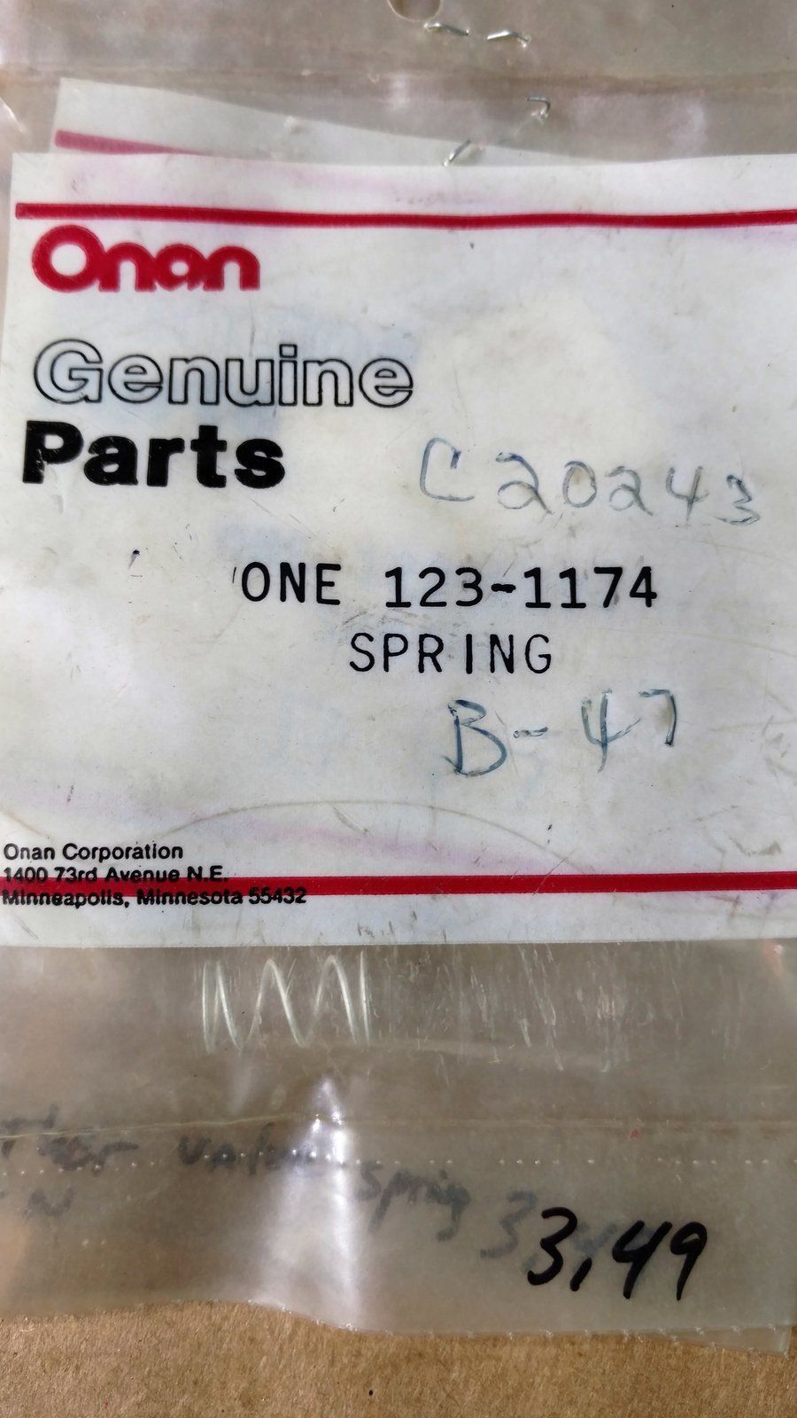 C20243 SPRING - BREATHER VALVE ONAN 123-1174 - Ingersoll/Case Tractor Part
