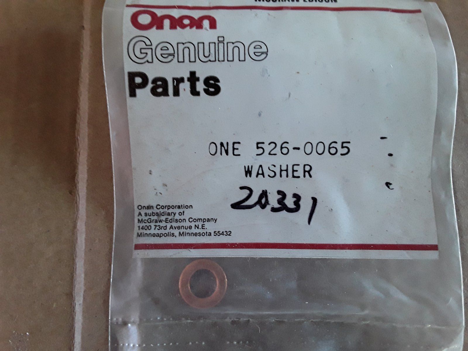 C20331 ONAN 526-0065 WASHER - FLAT (COPPER 5/16") - Ingersoll/Case Tractor Part