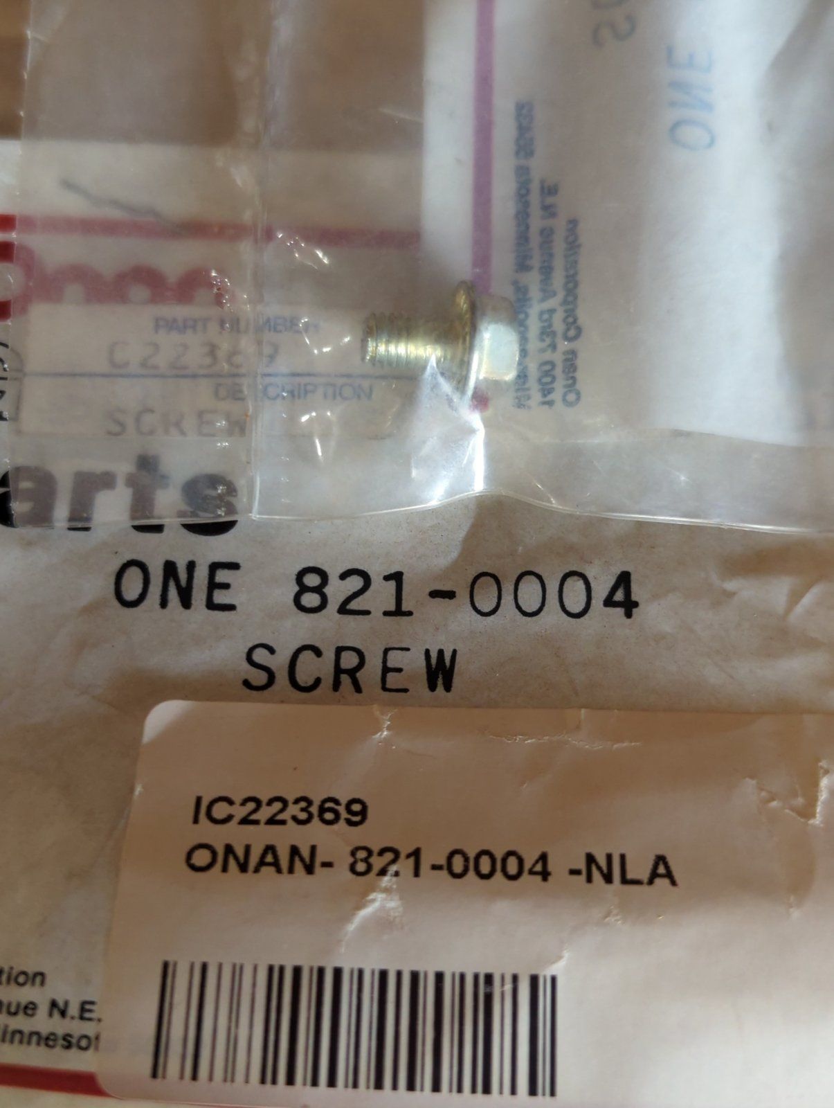 C22369 ONAN SCREW 821-0004 - Ingersoll/Case Tractor Part