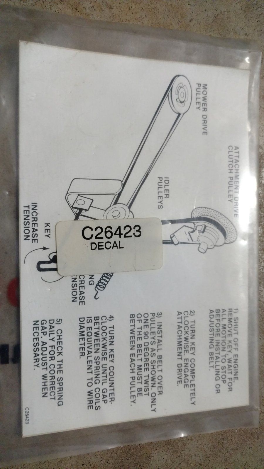 C26423 DECAL - L48 M48 DRIVE BELT - Ingersoll/Case Tractor Part