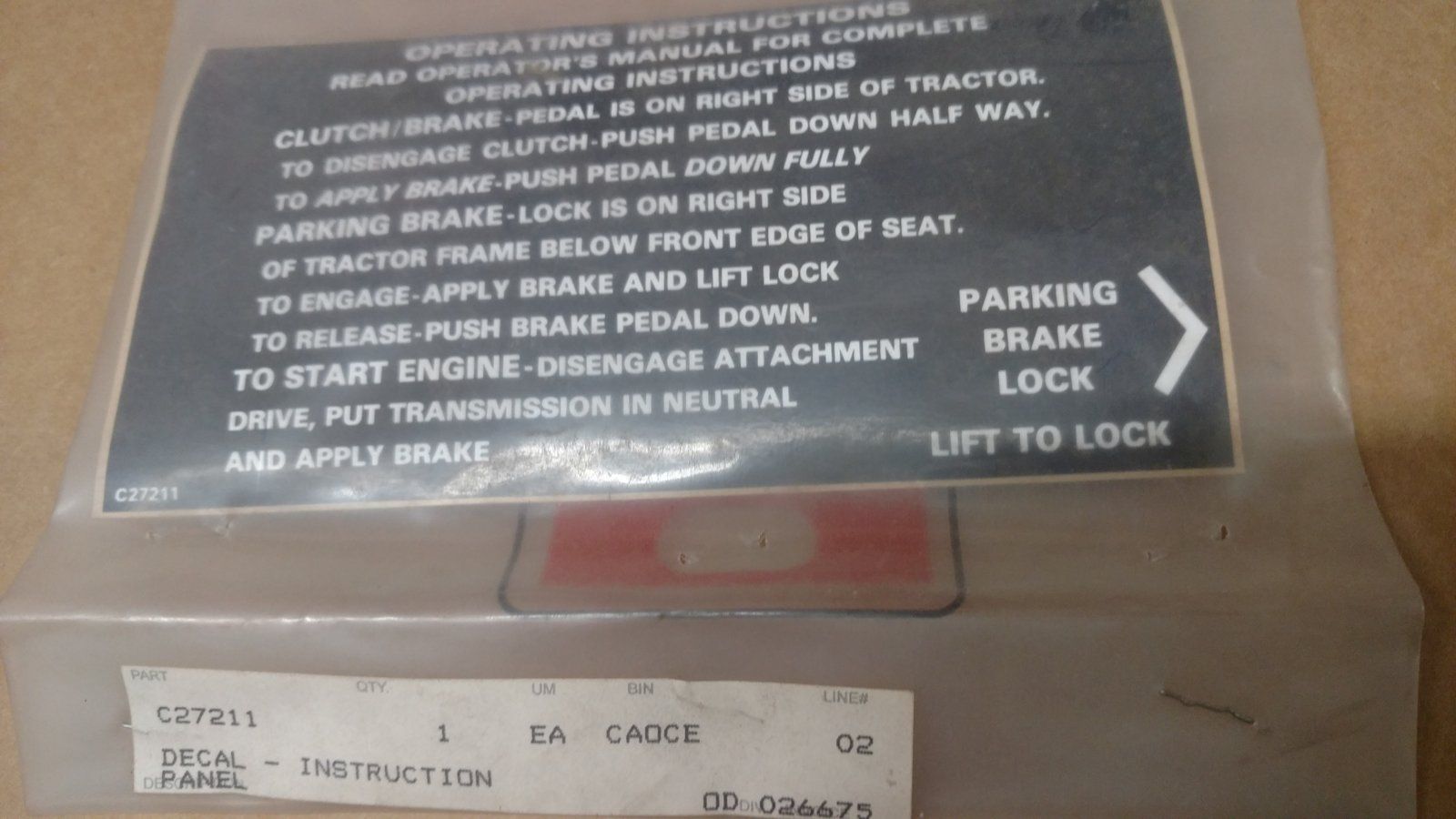 C27211 DECAL OPERATING INSTR BRAKE LOCK C15658 C26931 321-6228 - Ingersoll/Case Tractor Part