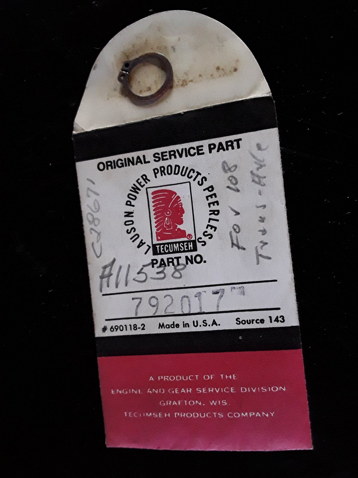 C28671 RING - SNAP 1/2" EXT'L A11538 TECUMSEH 792017 - Ingersoll/Case Tractor Part