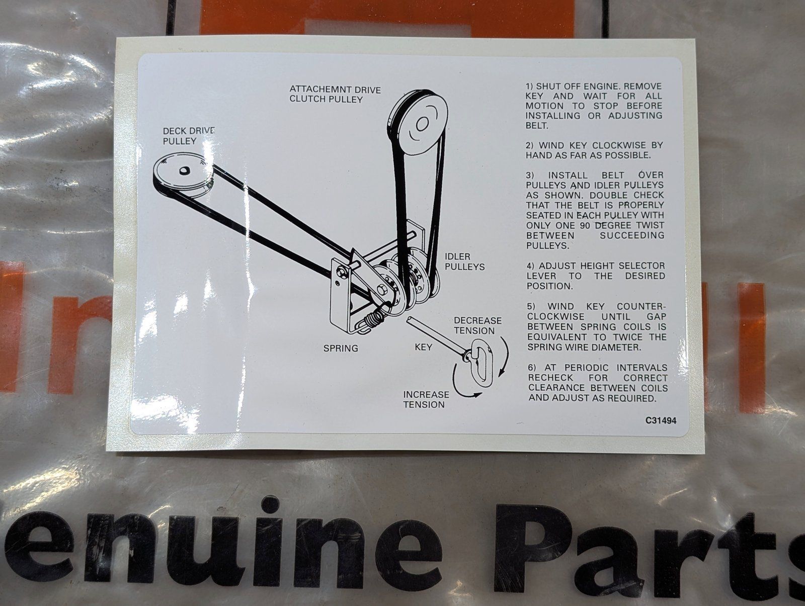 C31494 DECAL - MOWER DRIVE BELT - Ingersoll/Case Tractor Part