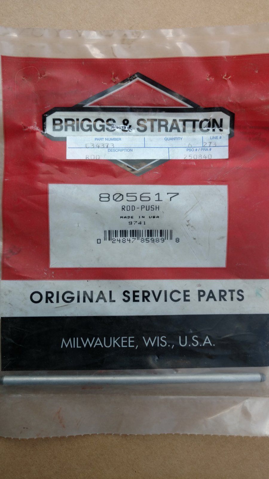 C34373 PUSH ROD (EXHAUST SIDE) BRIGGS 805617 - Ingersoll/Case Tractor Part