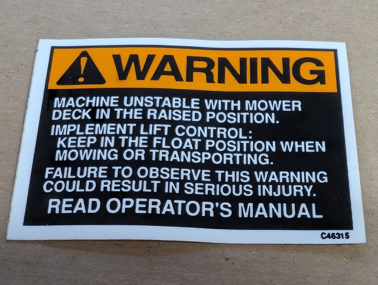 C46315 DECAL WARNING UNSTABLE LIFT - Ingersoll/Case Tractor Part