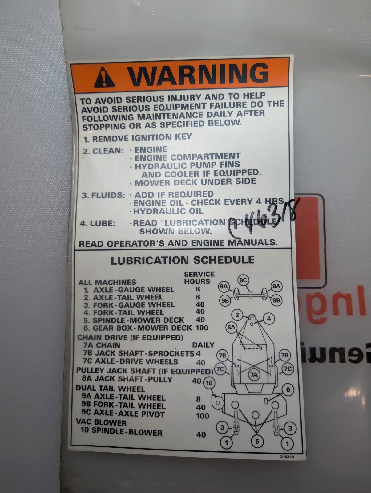 C46318 DECAL WARNING MAINTENANCE - Ingersoll/Case Tractor Part