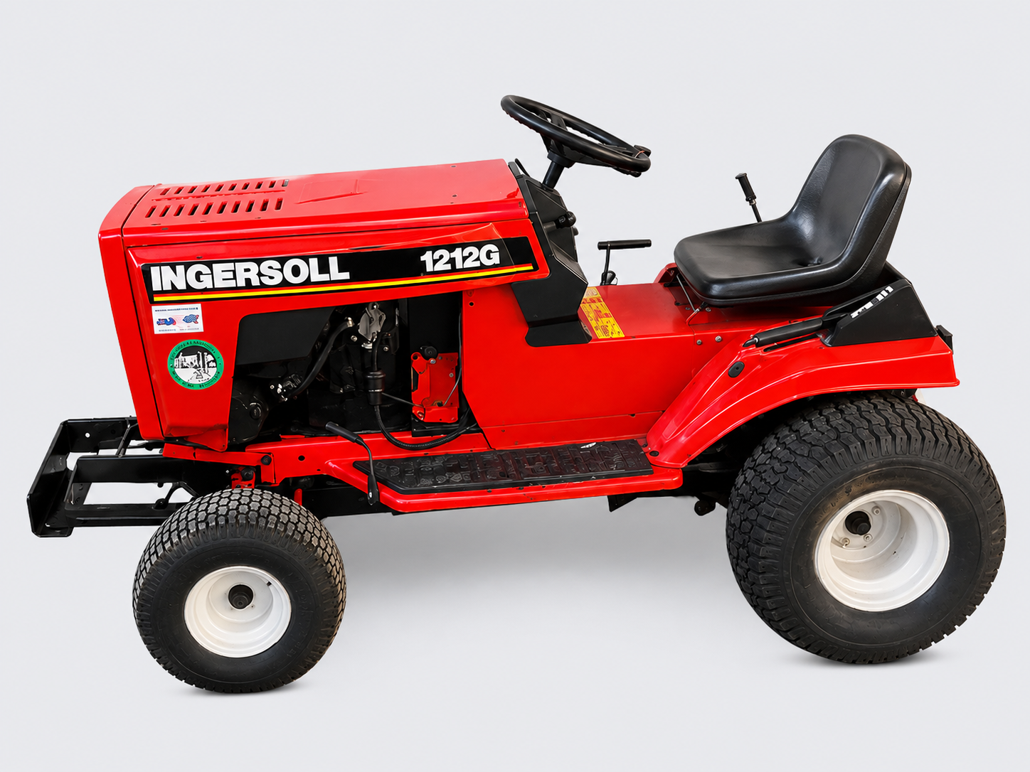 Collage of red and black tractor-mounted farm implements on a white background