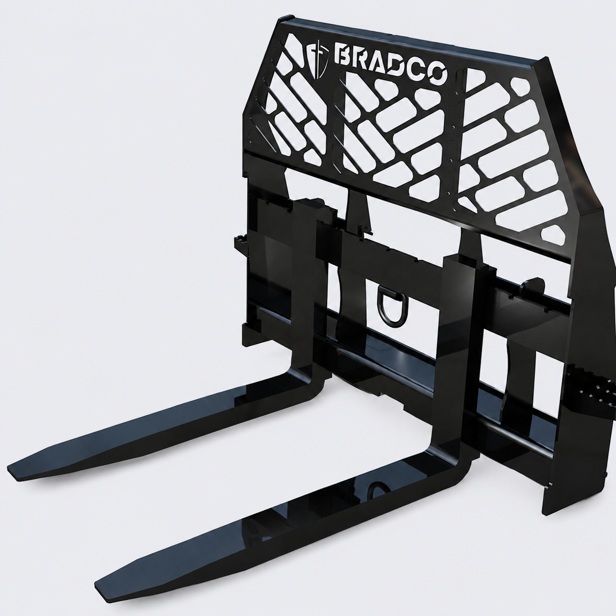 Black forklift attachment with two long forks and a lattice backrest, branded GRADCO