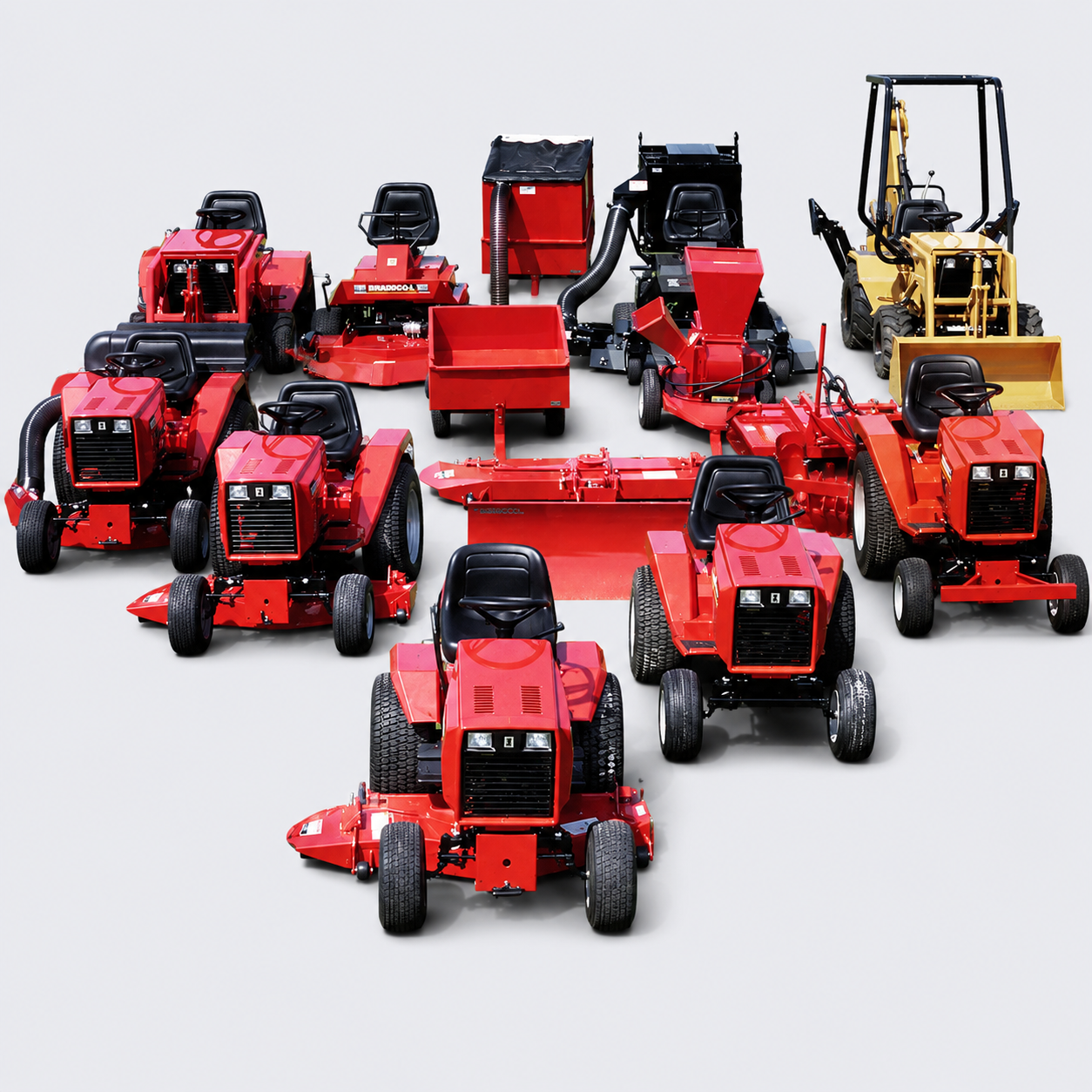 Assorted red and black toy construction vehicles lined up on a white background