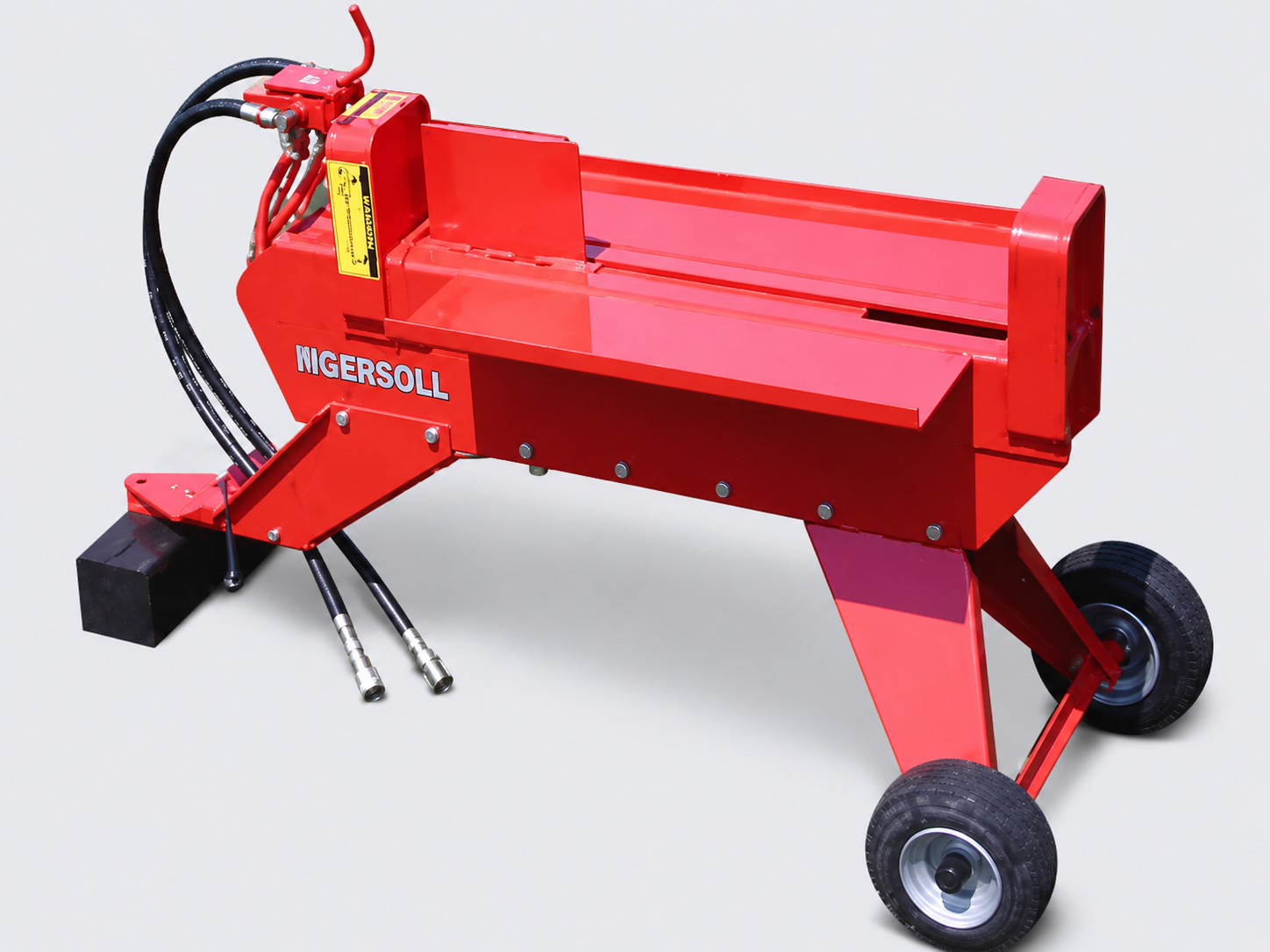 Red hydraulic log splitter on wheels with black hoses and support stands