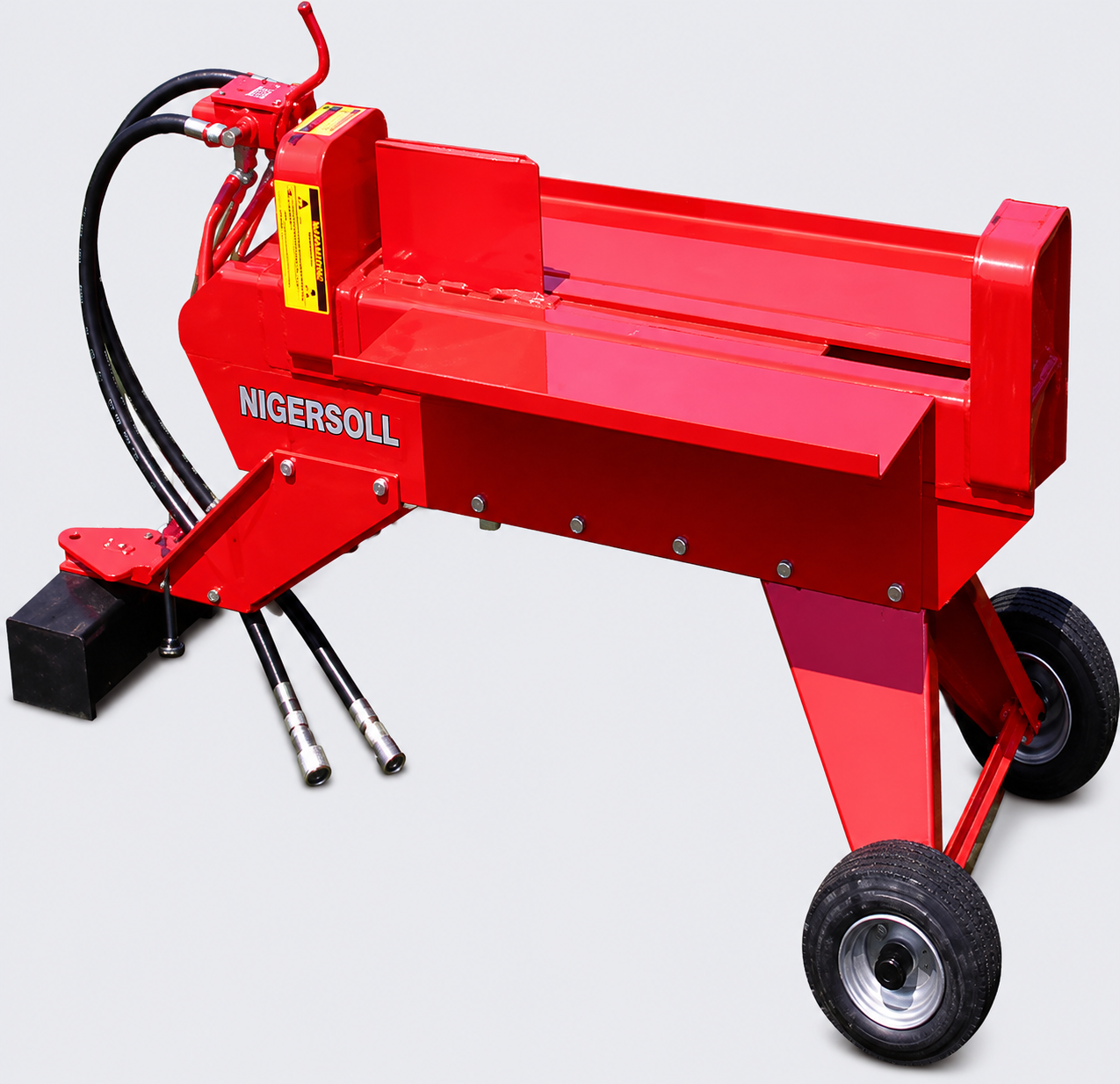 Red towable log splitter with black wheels and hydraulic hoses on a white background