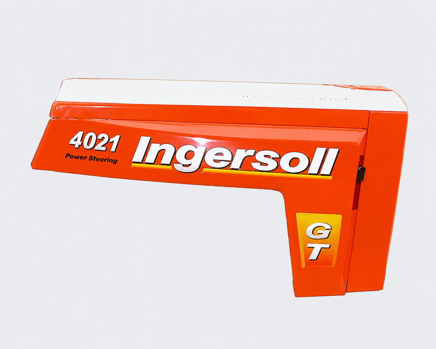 Orange and white Ingersoll GT 4021 lawn tractor hood panel on a white background