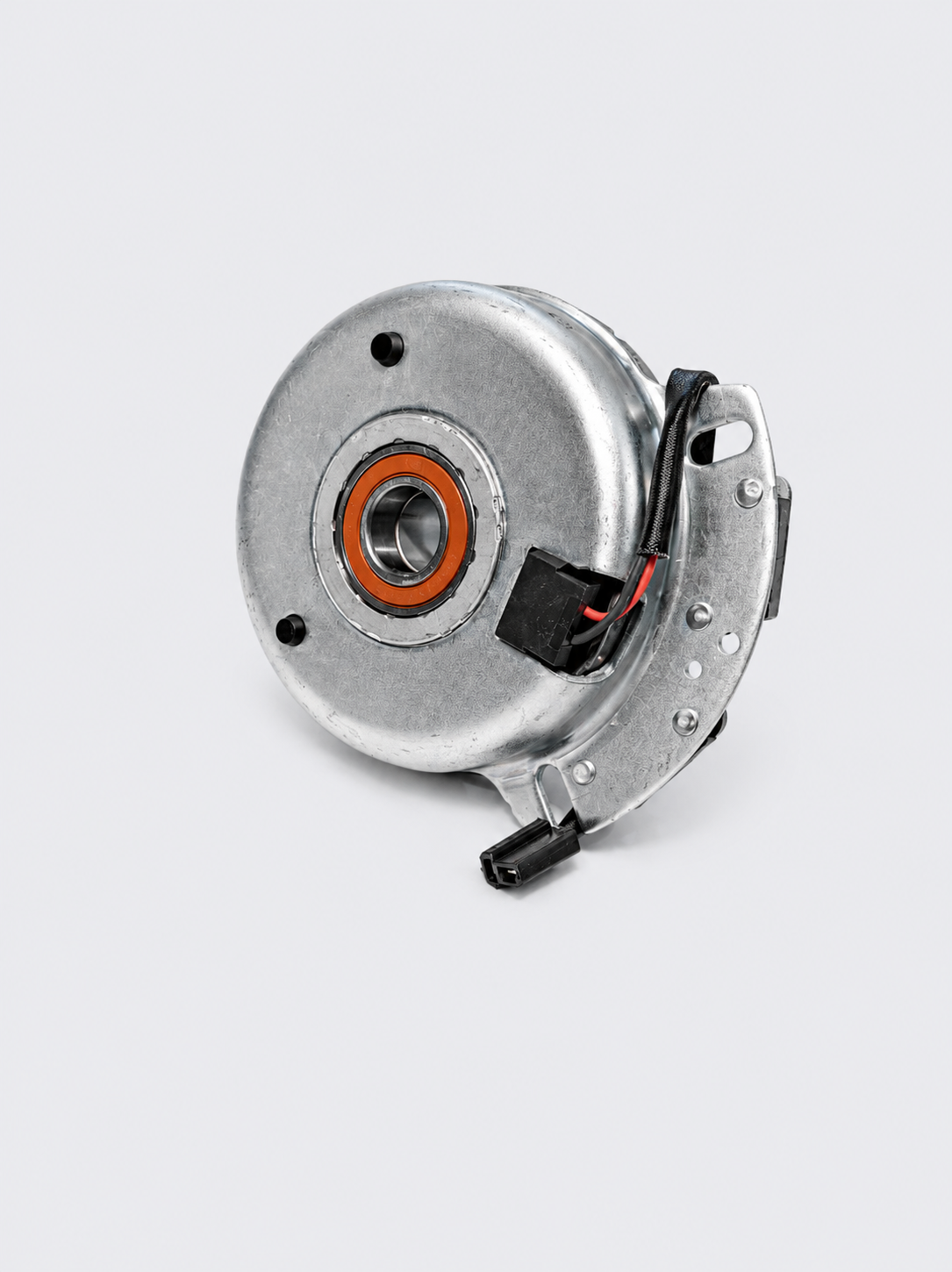 Silver electric motor with exposed wires and a black connector on a white background