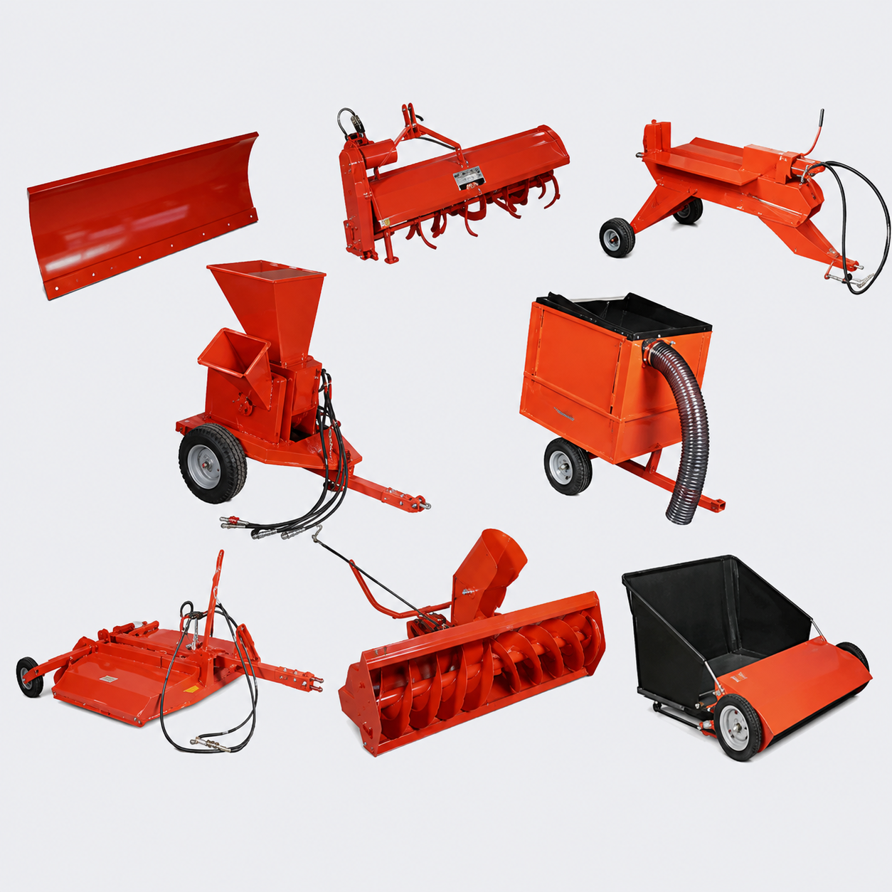 Collage of red and black tractor-mounted farm implements on a white background