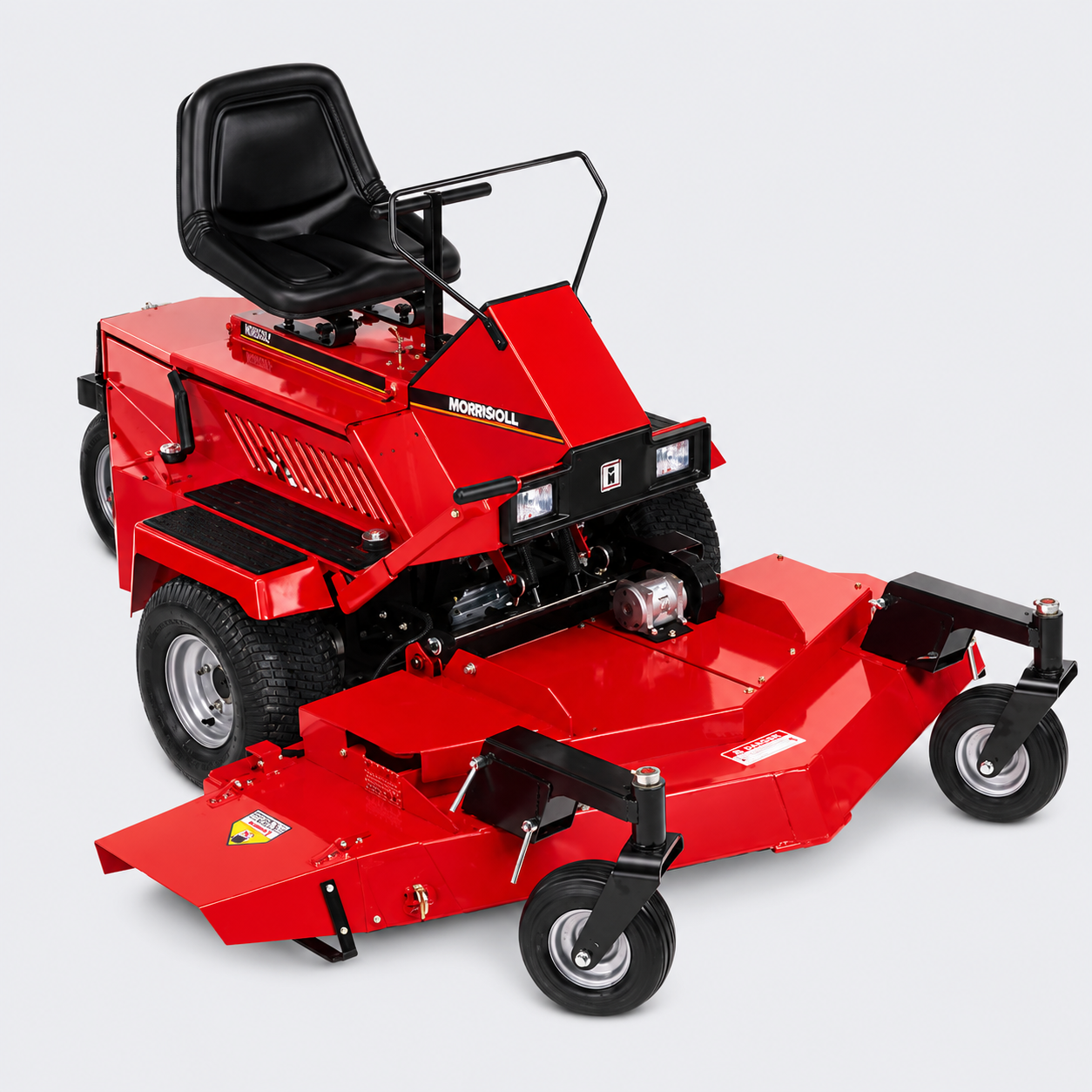 Red riding lawn mower with front deck and black seat on white background