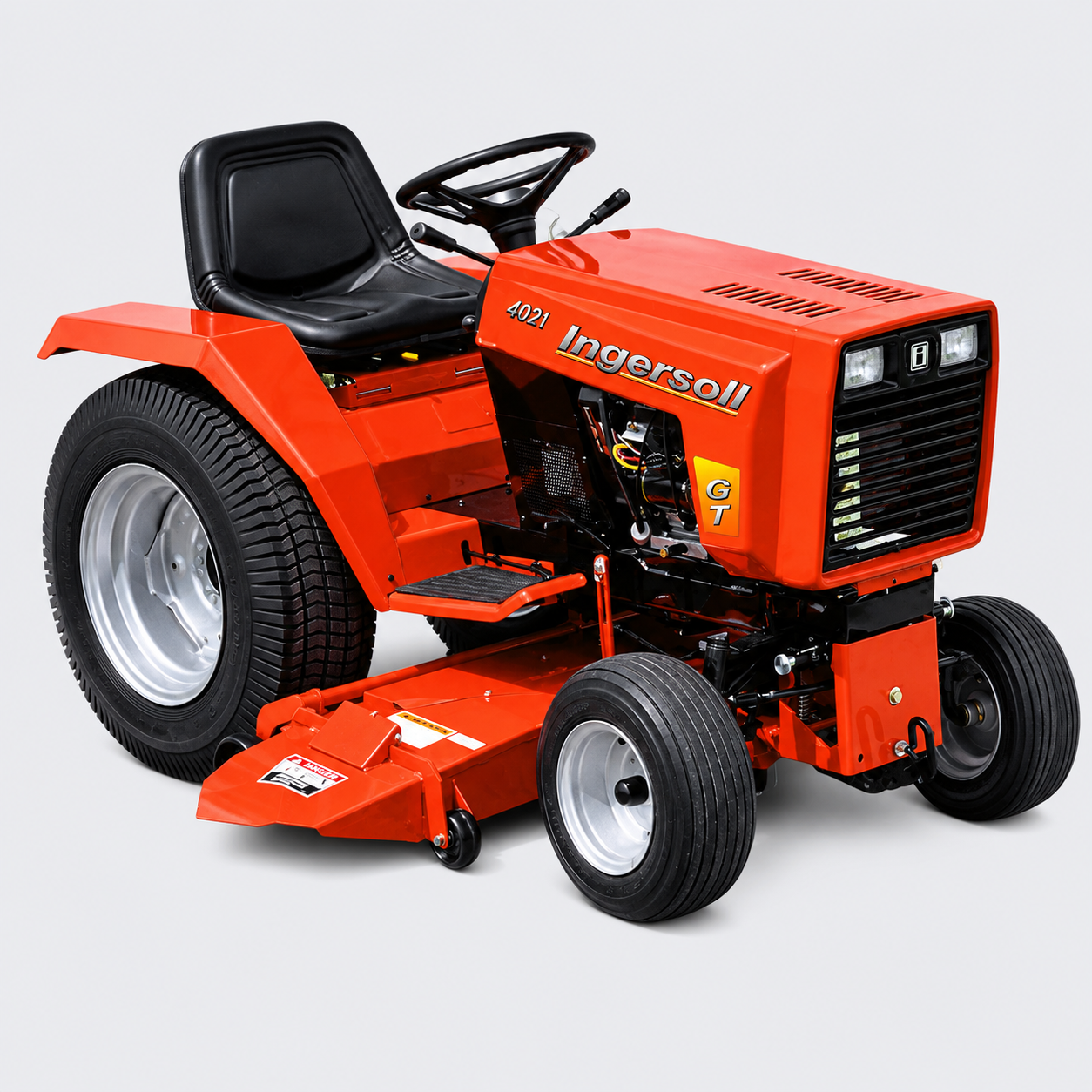Red-orange riding lawn tractor with black seat and front mower attachment on a white background