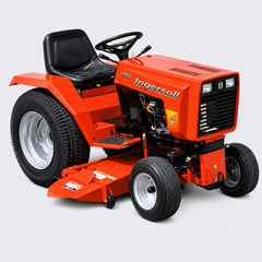 Orange riding lawn mower with black seat and steering wheel, shown on a white background