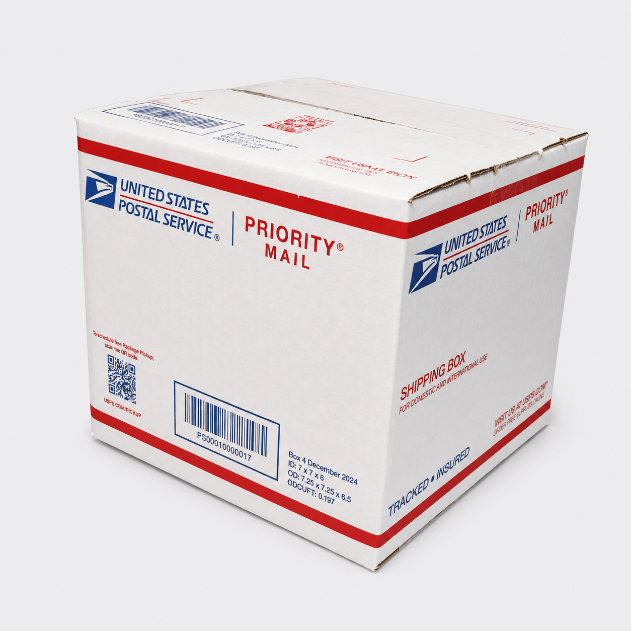 USPS Priority Mail cardboard shipping box on a white background
