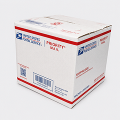 USPS Priority Mail cardboard shipping box on a white background