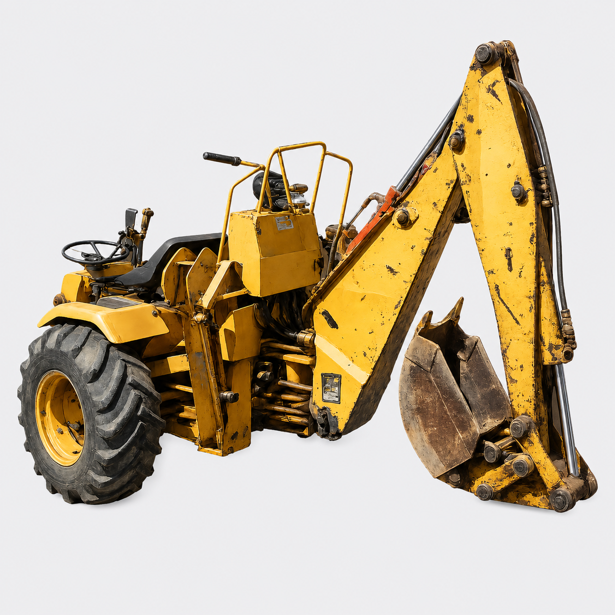 Yellow backhoe loader on a white background, shown side view with the front bucket raised.