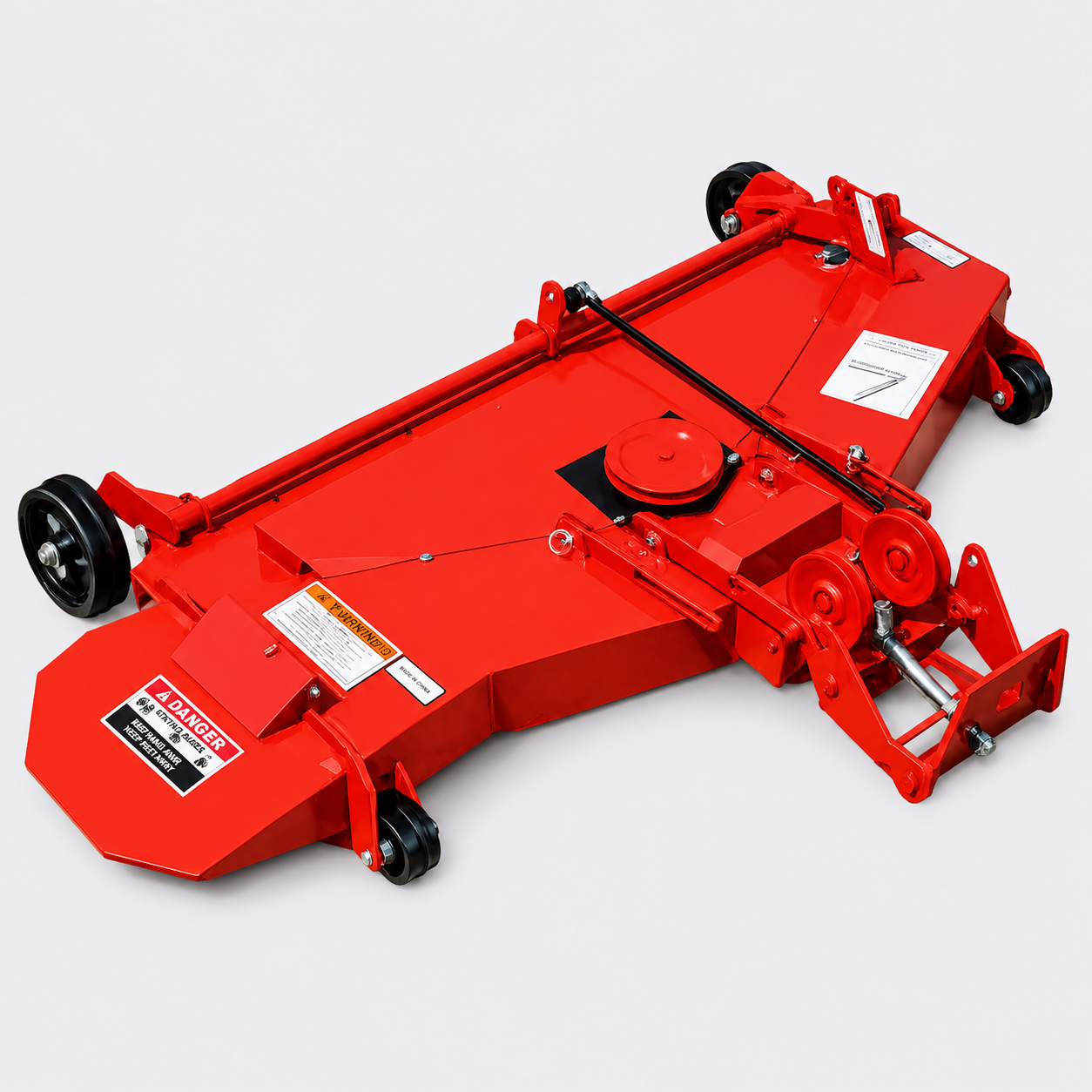Red rotary mower attachment with black wheels on a white background