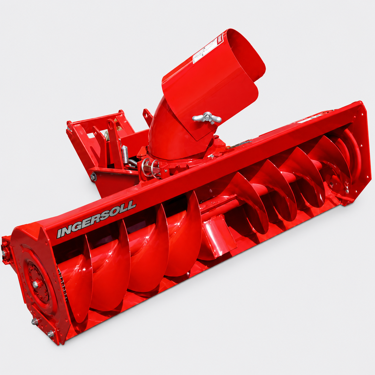 Red snow blower attachment with auger and chute, shown on a white background