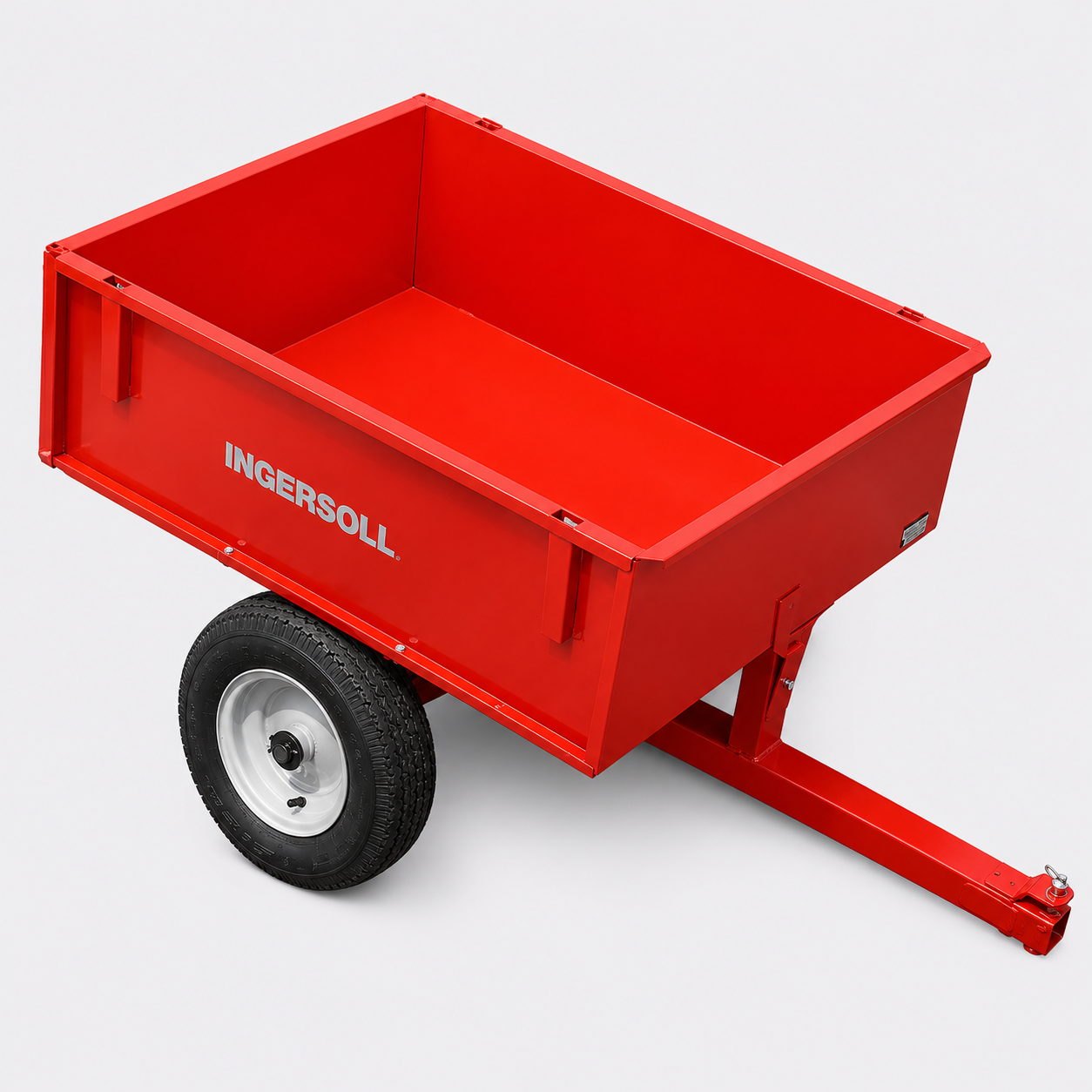 Red utility trailer with single wheel and tow hitch on a white background
