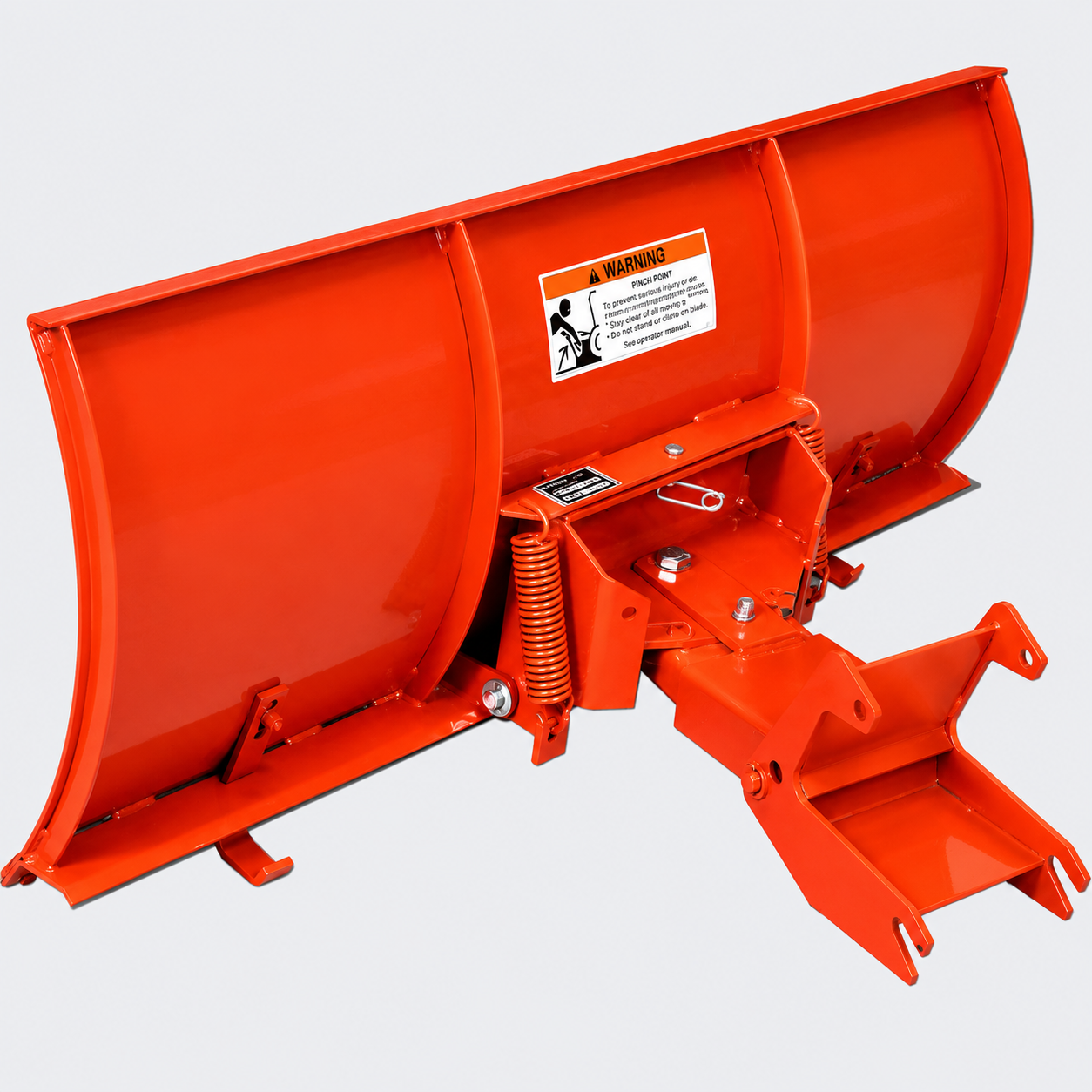 Orange snow plow blade attachment with mounting hardware, isolated on white background
