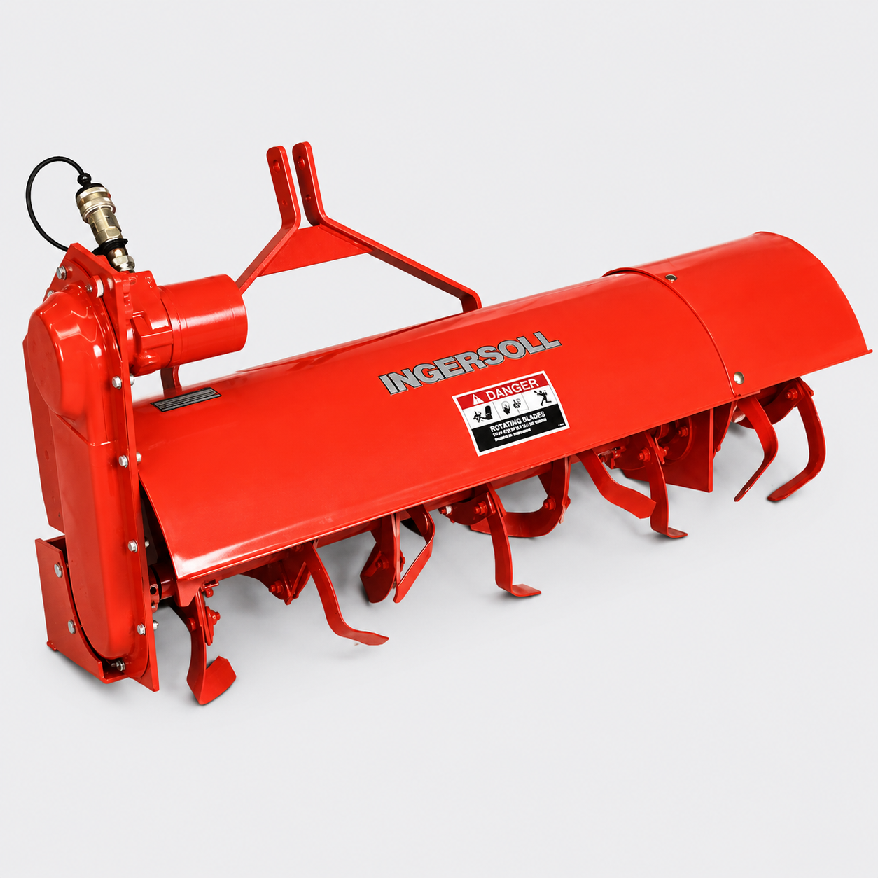 Red Ingersoll snowblower attachment with auger blades on white background