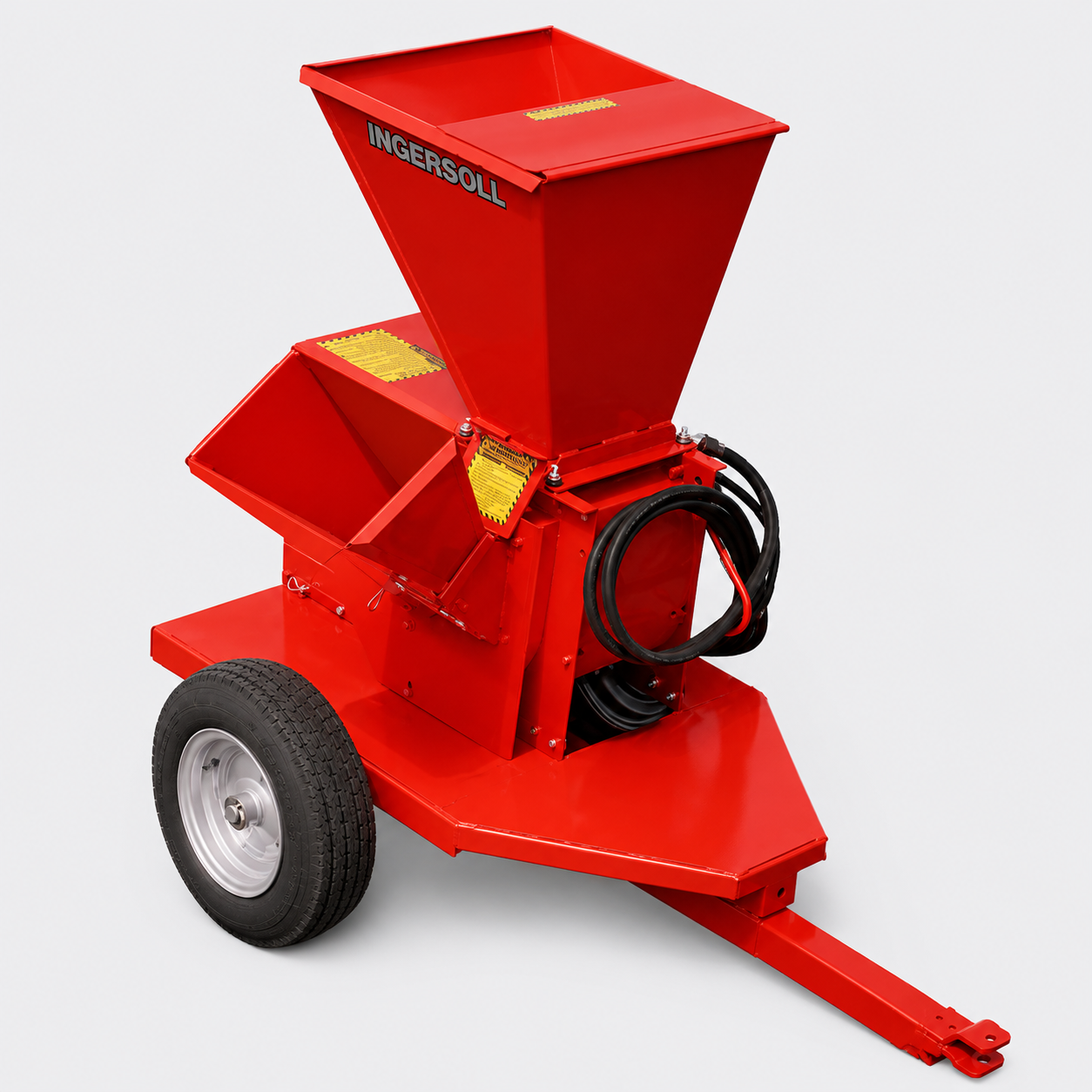 Red agricultural machine with hopper, chute, and wheels on a white background