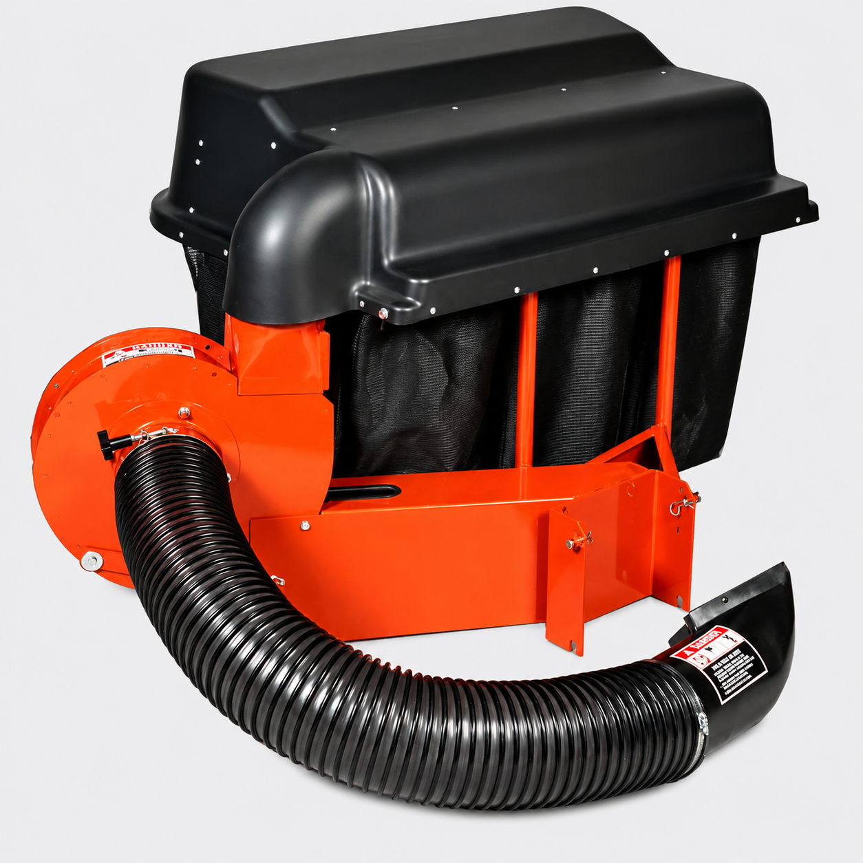Orange and black leaf vacuum with hose and collection bag