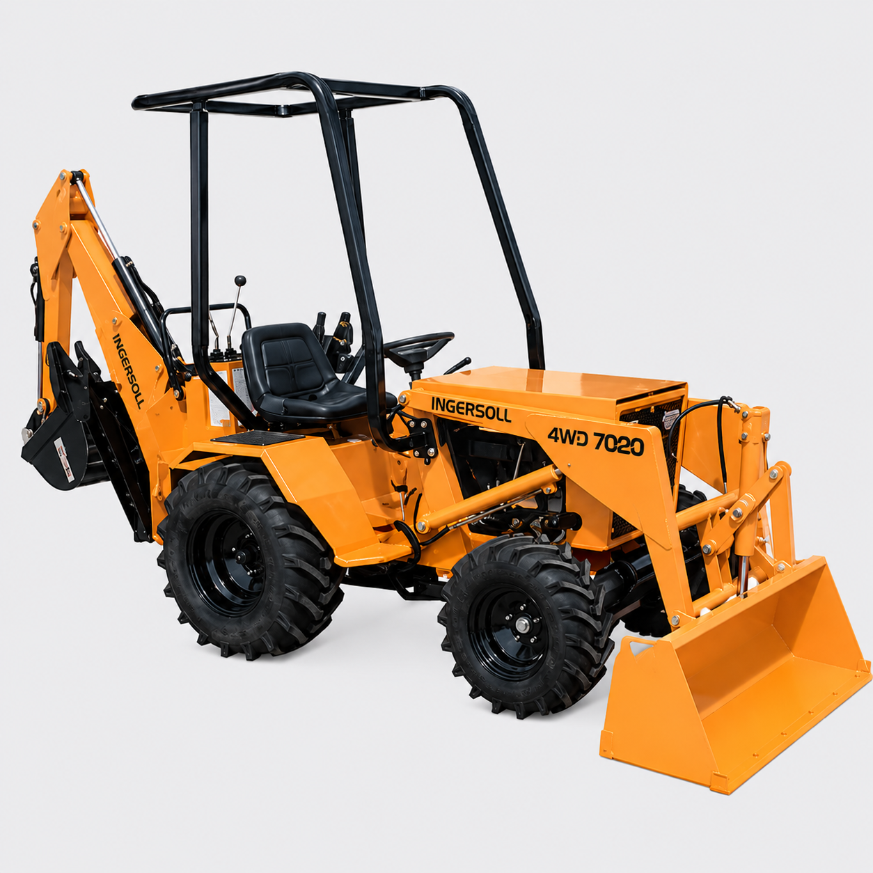 Orange backhoe loader with front bucket and rear digging arm on a white background