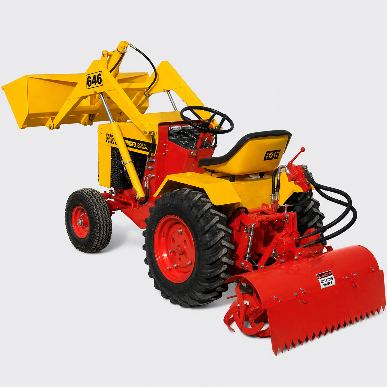 Yellow tractor with front loader and red snowblower attachment on a white background