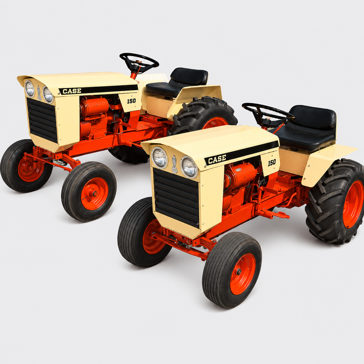 Two vintage orange-and-cream tractors on a white background