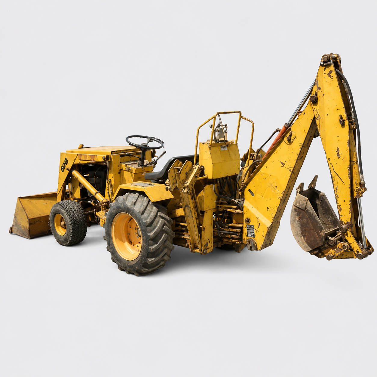 Yellow backhoe loader on a white background, shown in side view with raised digging arm.