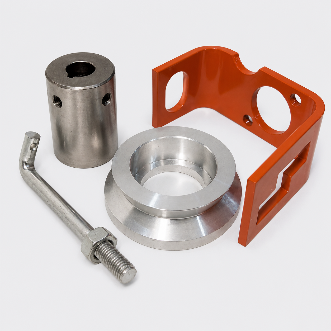 Metal car lock kit with silver and orange parts, including a bracket, cylinder, ring, and wrench