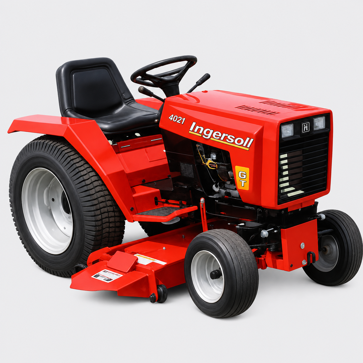 Red Ingersoll riding lawn tractor with mower deck, front view on white background