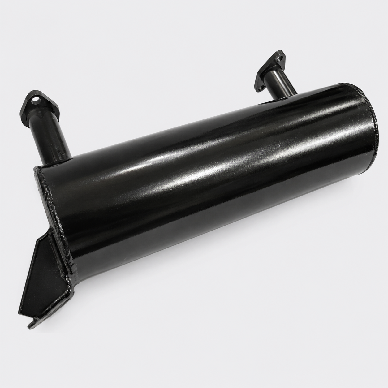 Black cylindrical metal exhaust muffler with mounting brackets on a white background