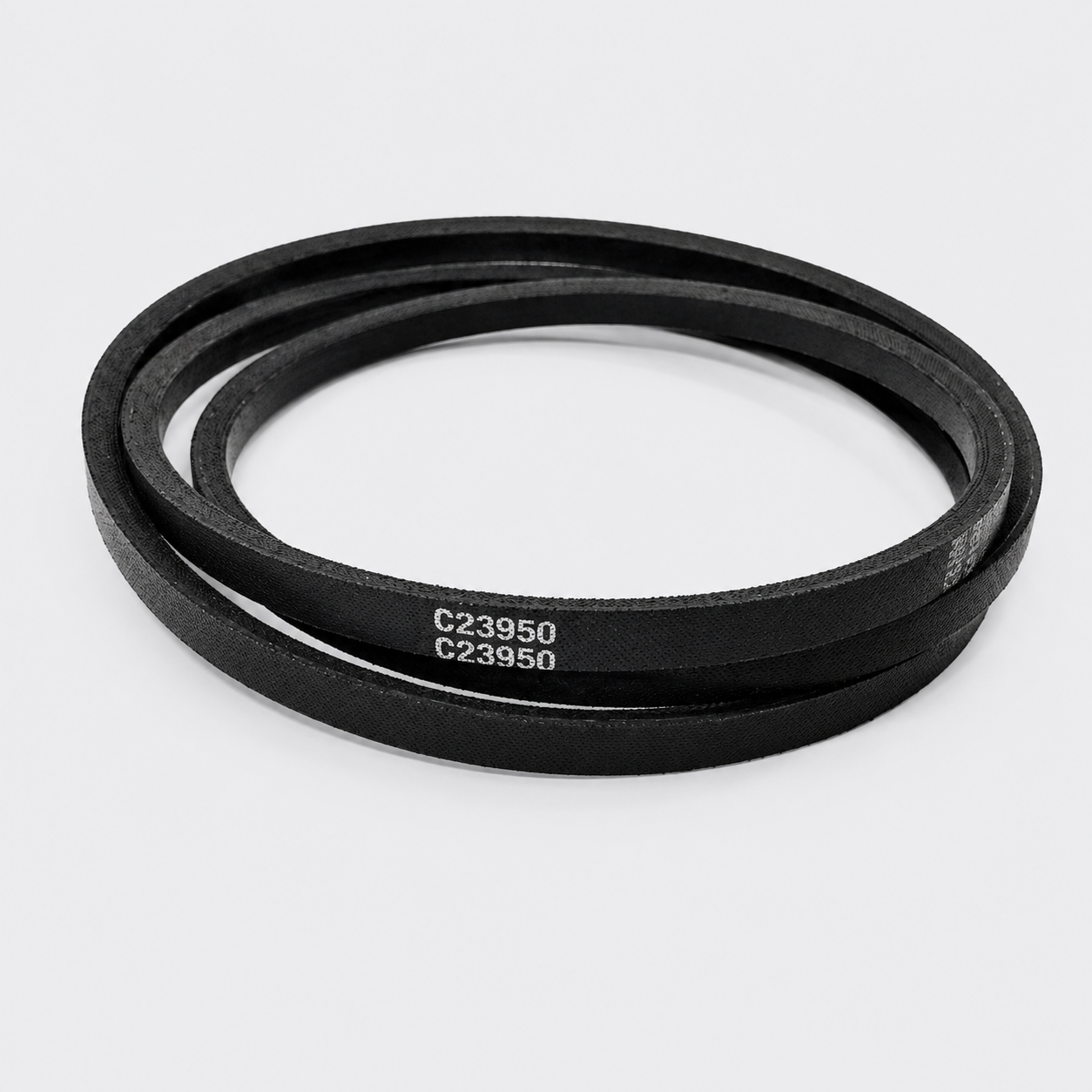Black V-belt coiled on a white background, with white printed model numbers.