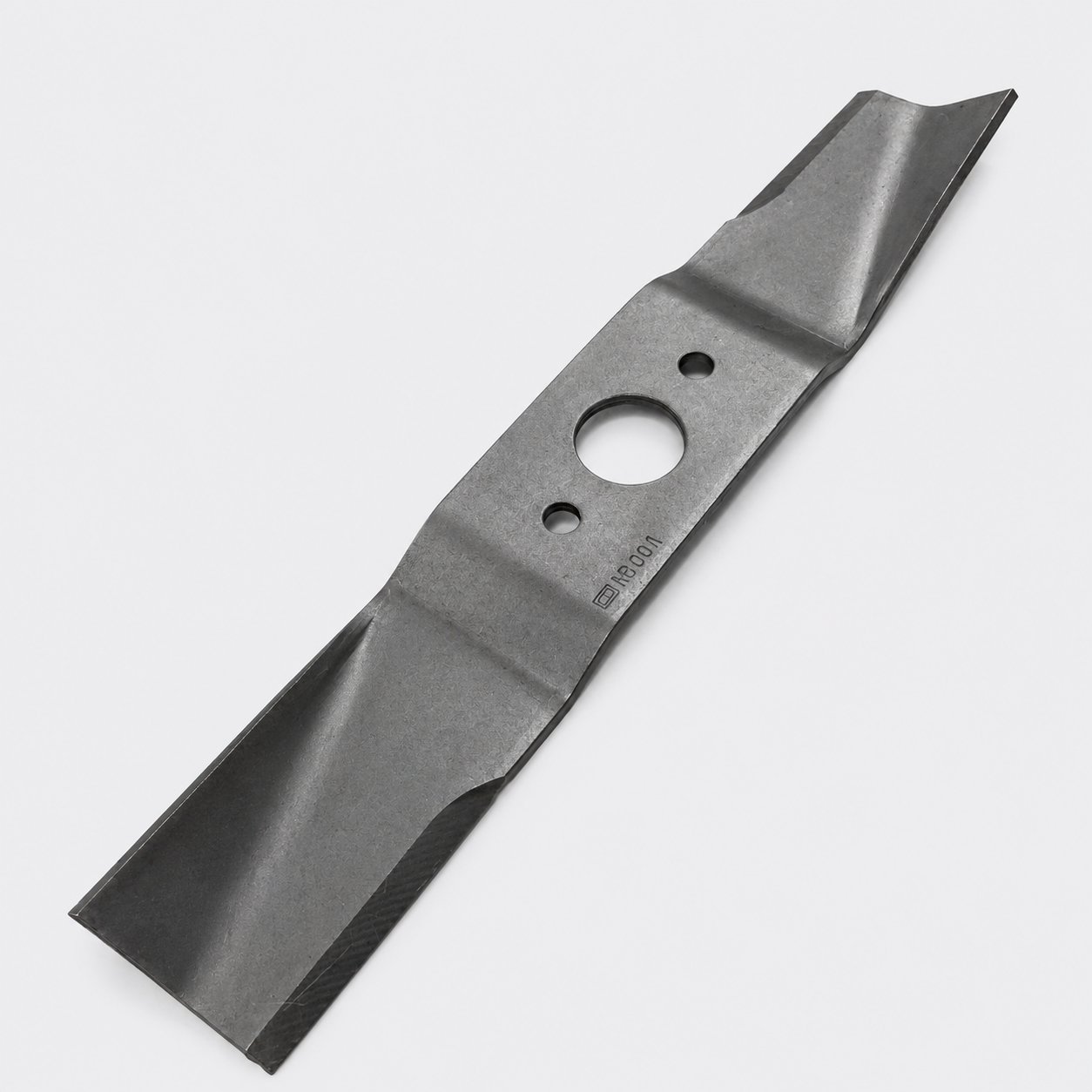 Metal lawn mower blade with a central mounting hole on a white background