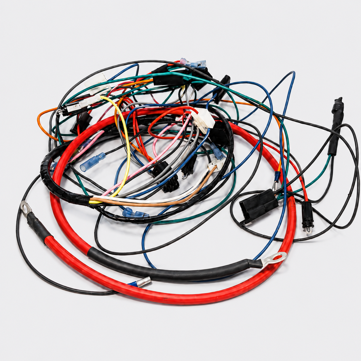 Coiled bundle of assorted colored cables and wires on a white background