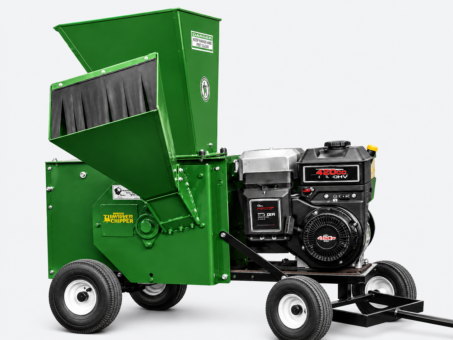 Green wood chipper on wheels with a black engine, shown in side view on a white background