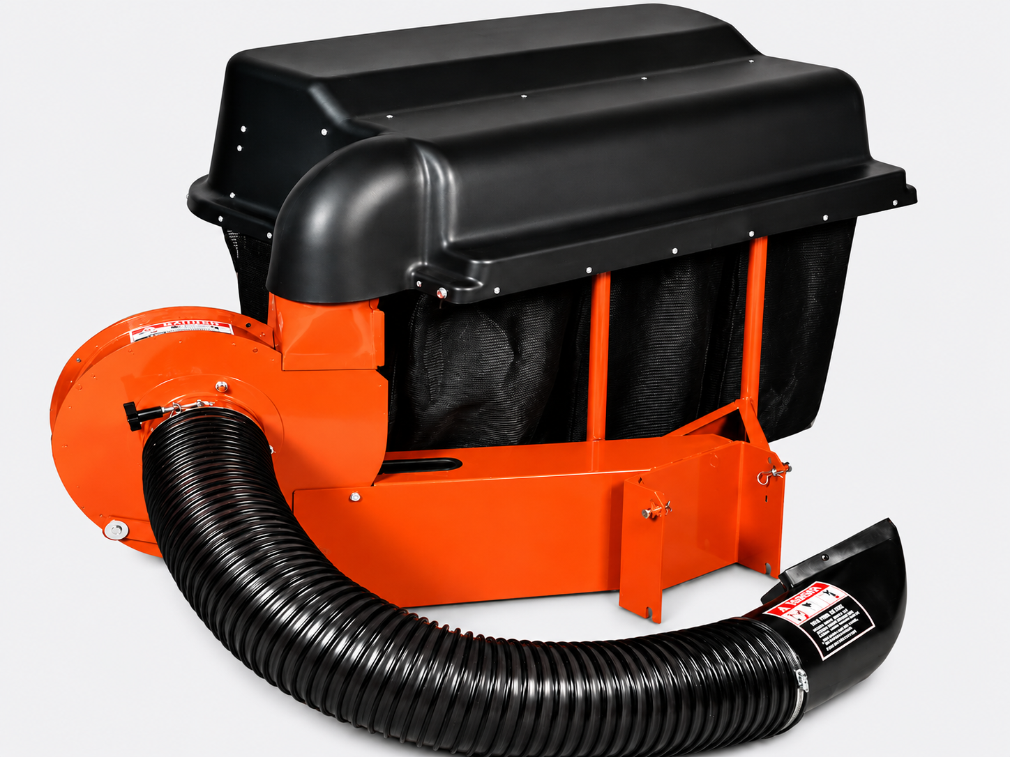 Orange and black lawn vacuum with attached flexible hose and black collection bag