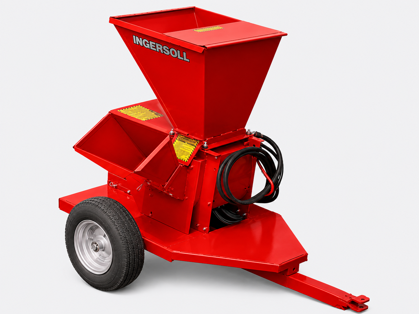 Red agricultural fertilizer spreader with a hopper, wheel, and tow hitch on a white background