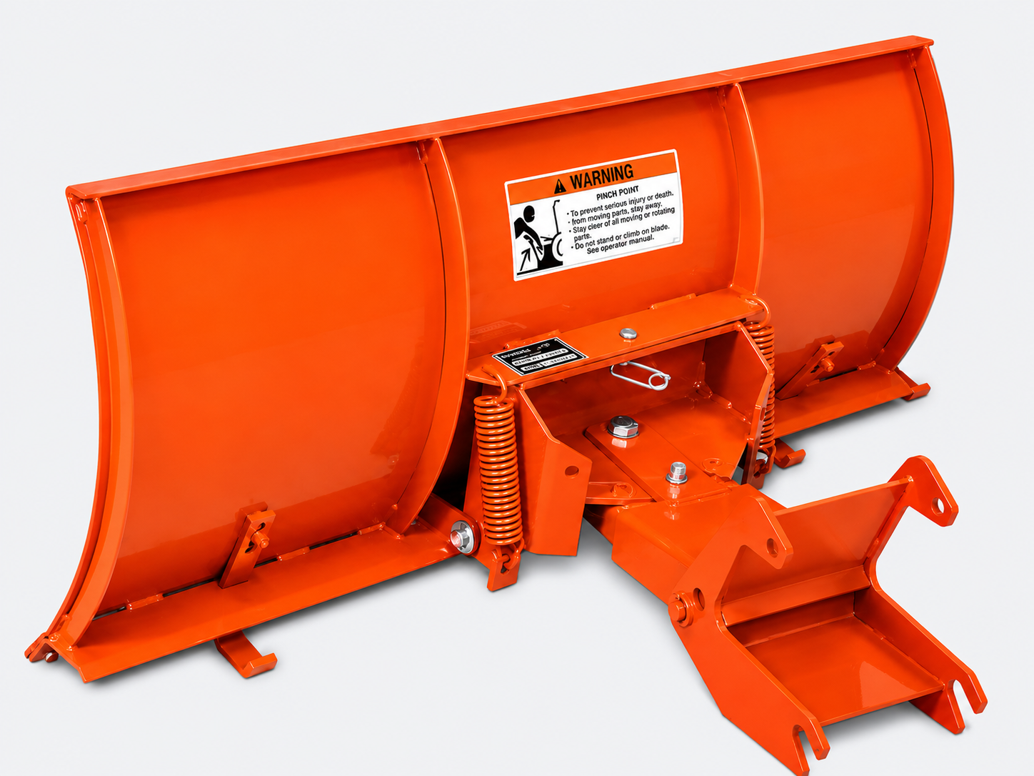 Orange snowplow blade attachment with mounting bracket, shown on a white background