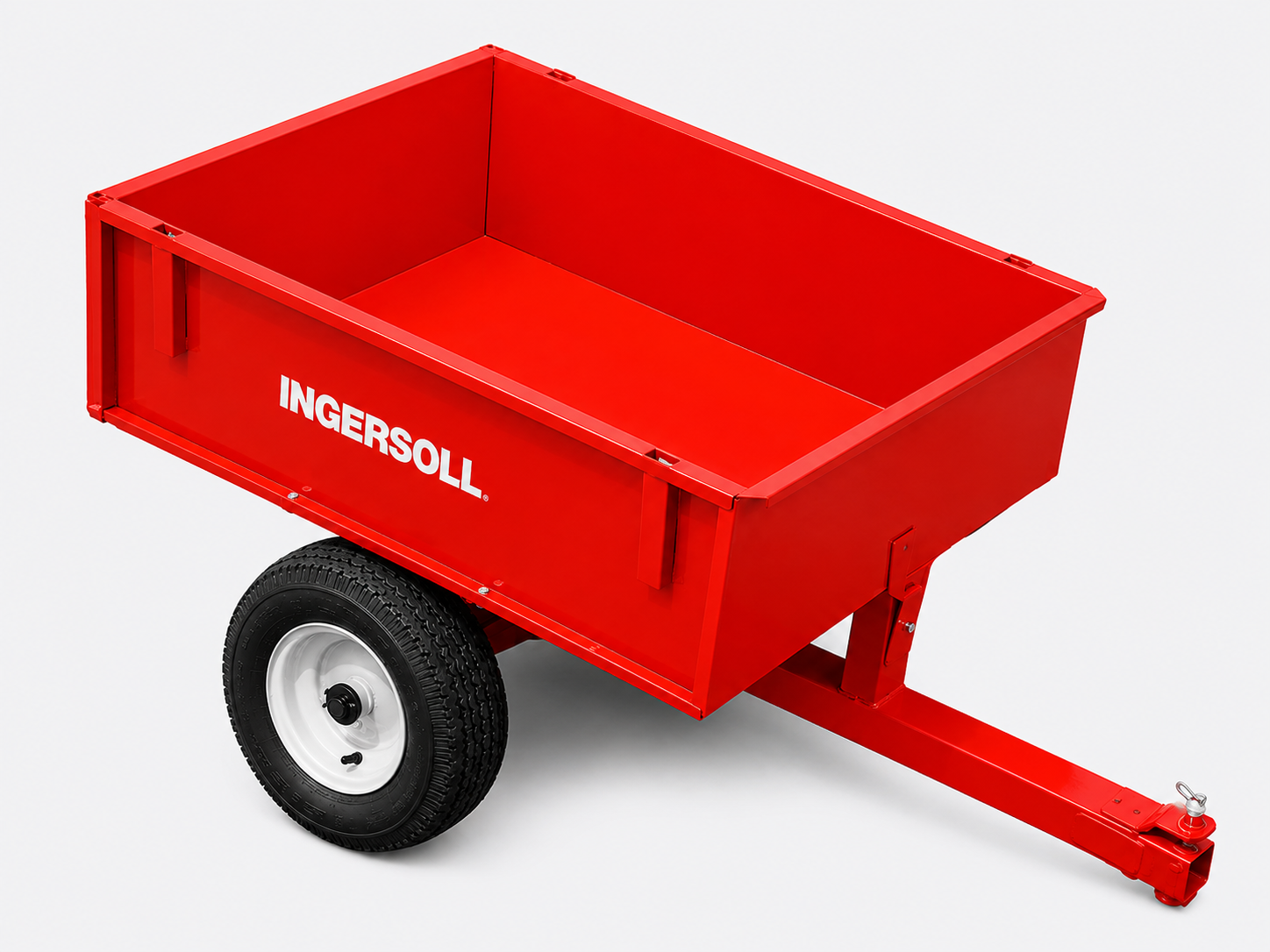 Red Ingersoll dump cart with single wheel and tow hitch on a white background