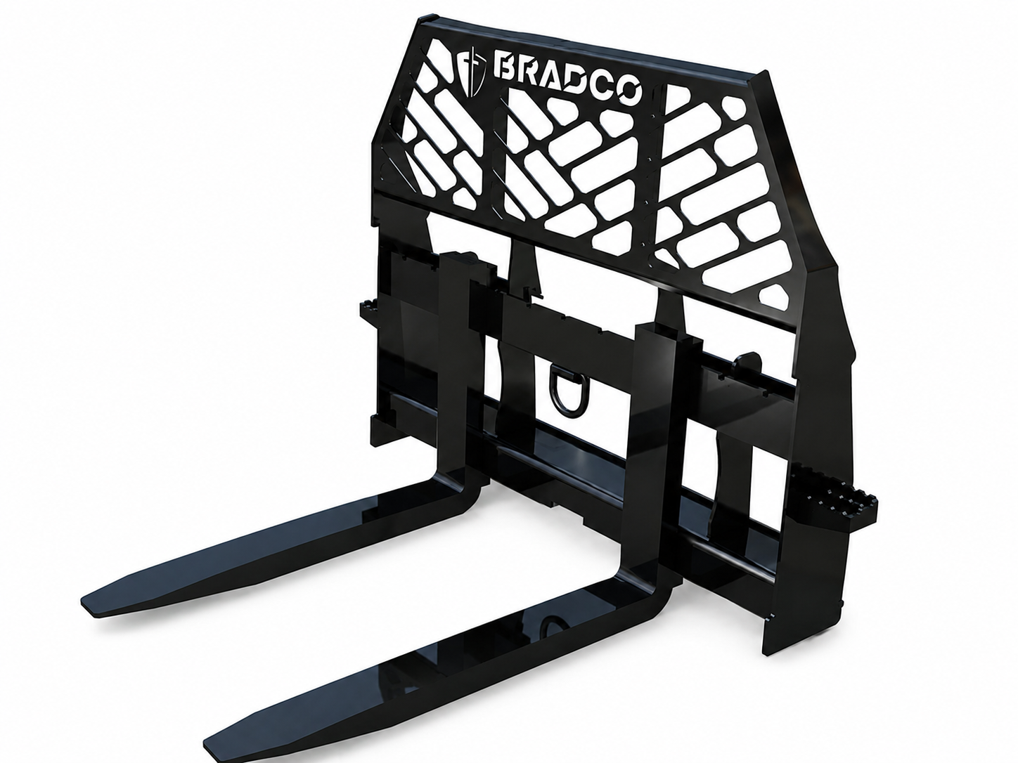 Black skid-steer pallet fork attachment with a perforated guard and long tines on a white background
