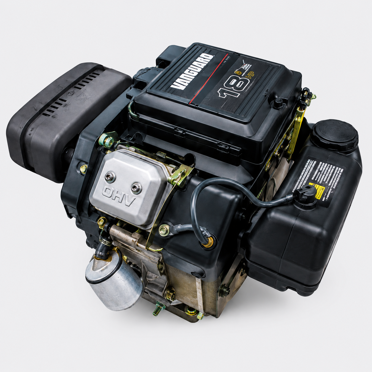 Black small-engine power unit with fuel tank and pull-start assembly on a white background