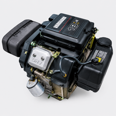 Small black gasoline engine with fuel tank and air filter, isolated on a white background